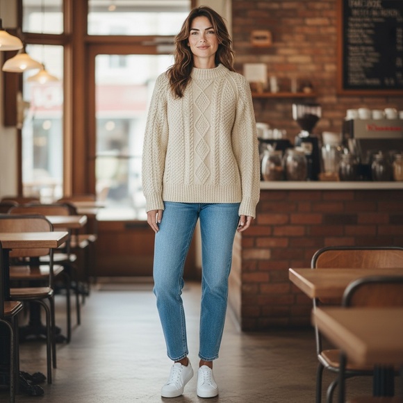 Crew Neck Cable Knit Wool Hand Knit Fisherman Sweater - Picture 13 of 13